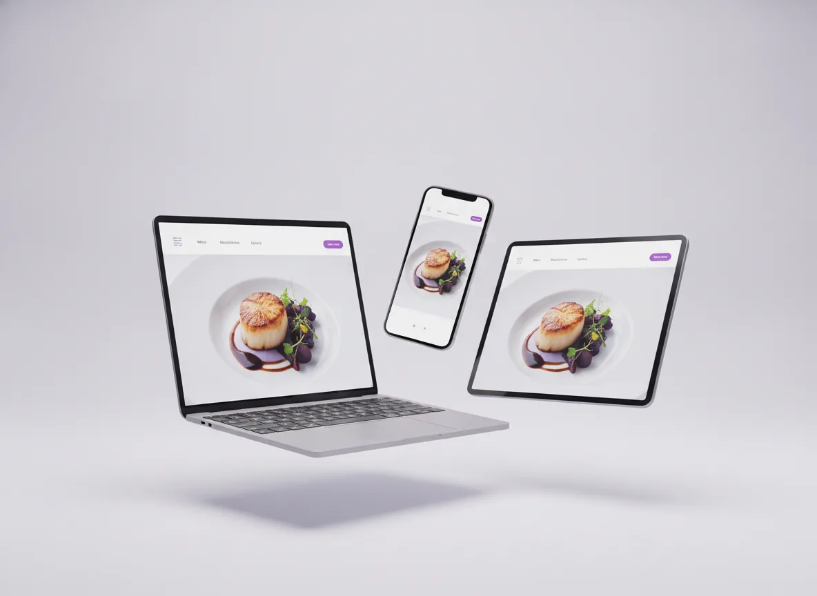Sito web per ristorante su laptop, smartphone e tablet